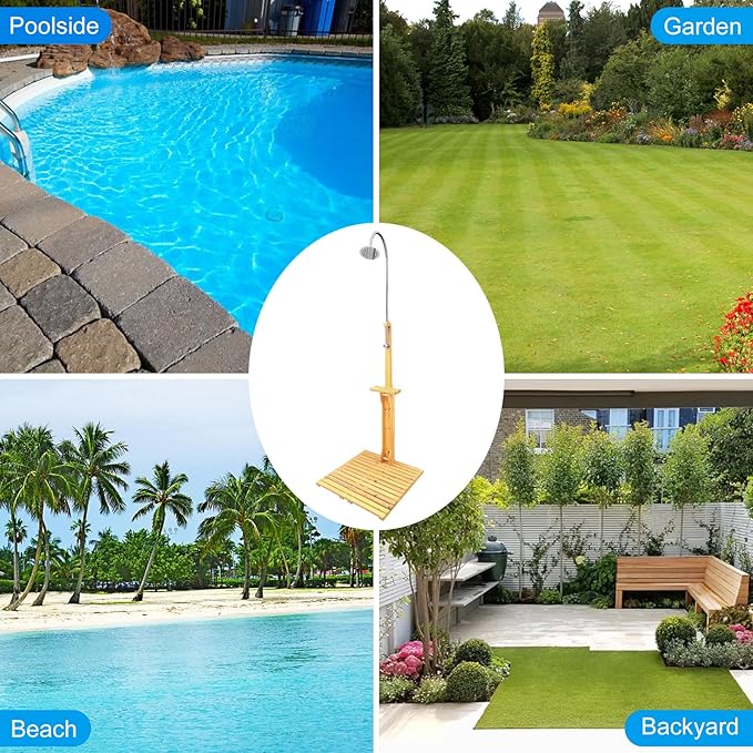 Outdoor Shower, Solid Wood Outdoor Shower and Steel Construction Height-Adjustable Shower Head, Connect Easily to Any Hose, Easy to Assemble Outdoor Shower Kit for Garden, Backyard, Pool