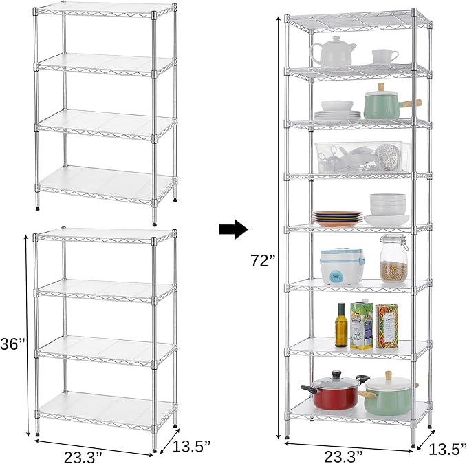 Finnhomy 8-Tier Wire Shelving Unit Adjustable Steel Wire Rack Shelving 8 Shelves Steel Storage Rack or Two 4-Tier Shelving Units with PE mat, Leveling Feet and Safety Device, NSF Certified, Chrome