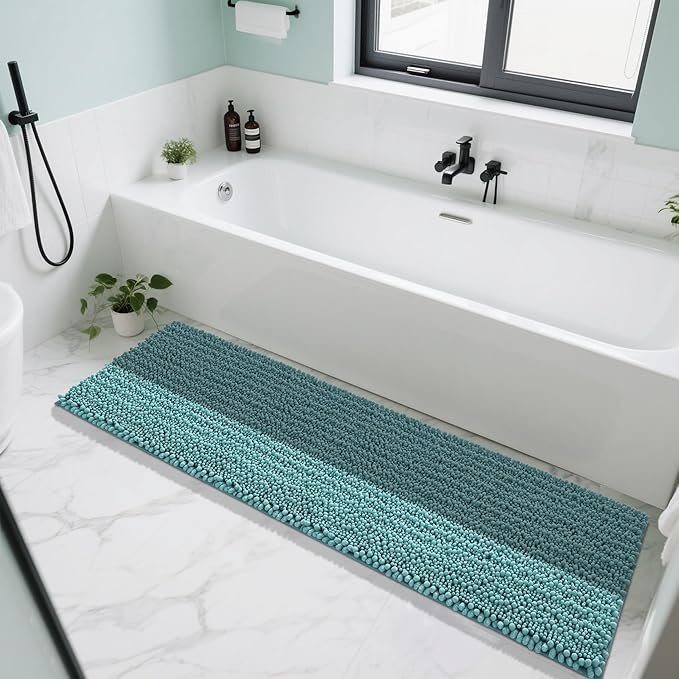 Yimobra Bathroom Runner Rug 70x24 Inch - Extra Long Non Slip Chenille Bath Mat, Soft & Absorbent, Machine Washable Shaggy Hallway Carpet for Vanity Tub Shower, Teal Blue Home Decor Accessories