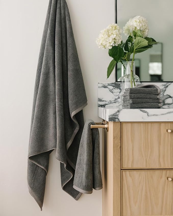 Cozy Earth Ribbed Bath Towel Set - 60% Cotton 40% Viscose from Bamboo Bathroom Towels - Soft & Absorbent Textured Ribbed Pattern - 2 Pack Charcoal