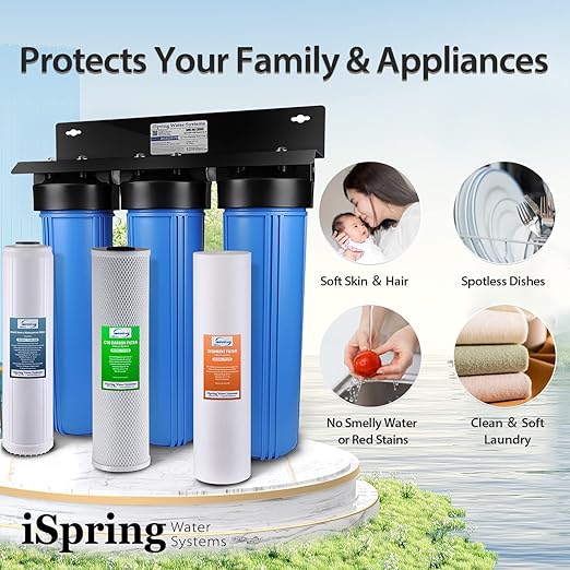 iSpring Lead-Reducing Whole House Water Filter System, Also Reduces Chlorine, Taste, Odor, 3-Stage Whole House Water Filtration System, Model: WGB32B-PB, 1" NPT Inlet/Outlet