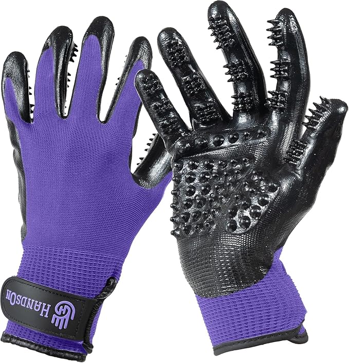 H HANDSON Pet Grooming Gloves - Patented #1 Ranked, Award Winning Shedding, Bathing, & Hair Remover Gloves - Gentle Brush for Cats, Dogs, and Horses (Purple, X-Large)