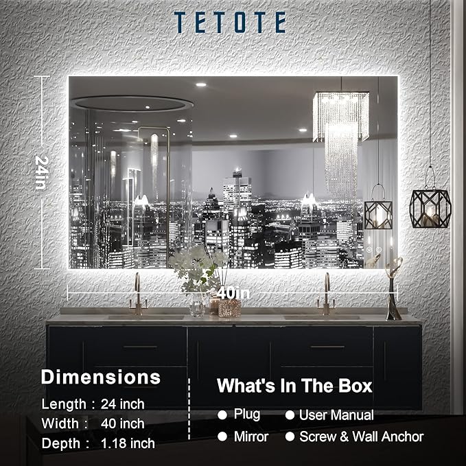 TETOTE 40 x 24 LED Backlit Vanity Mirror Bathroom,3Color White/Warm/Natural,Anti-Fog Lighted Mirror,Dimmable,Wall Mounted