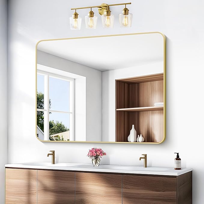 BONEWEI Gold Bathroom Mirror,40x48 inch Wall Mirror for Bathroom Wall Mounted,Round Rectangle Mirror for Bathroom Over Sink,Modern Frame for Home Decor Living Room,Bedroom Entryway,Horizontal/Vertical