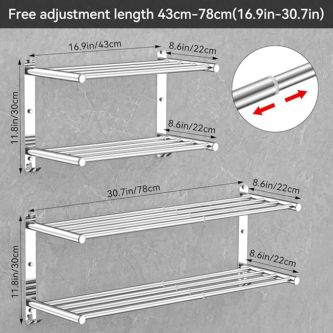 Adjustable Towel Bar for Bathroom Wall Mount17-30.7inch Adhesive Shower Towel Rack Stainless Steel Bath Towel Holders for Toilet Kitchen Double Towel Hanger (Double Towel Rack)