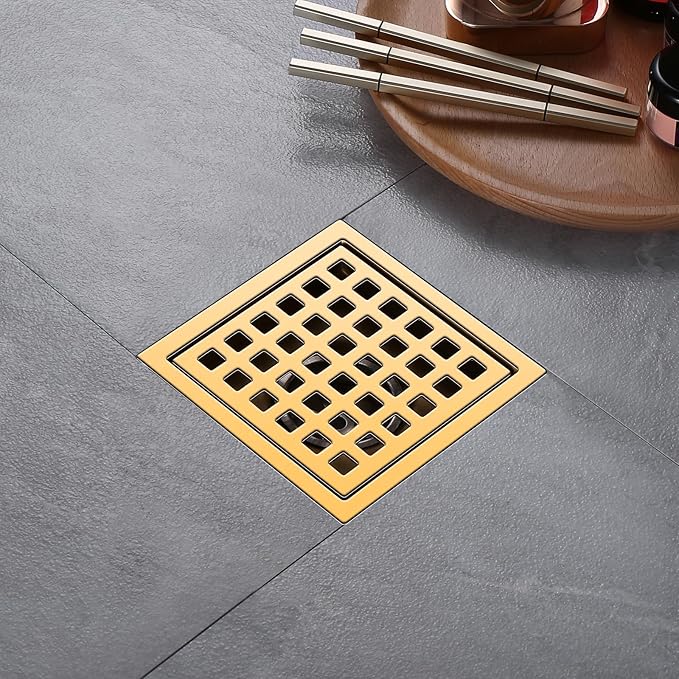 Shower Drain, Brushed Gold 4 inch Shower Floor Square Drain with Flange, Removeable Grid Panel SUS 304 Stainless Steel Square Shower Drain