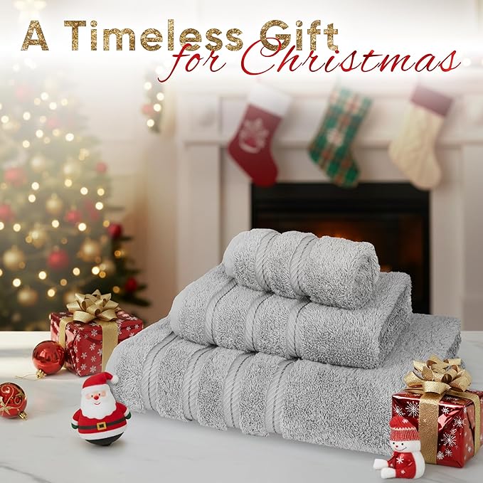 American Soft Linen Premium 3 Piece Towel Set, 1 Bath Towel 1 Hand Towel 1 Washcloth, 600 GSM 100% Cotton Turkish Towels for Bathroom, Light Grey Towel Set