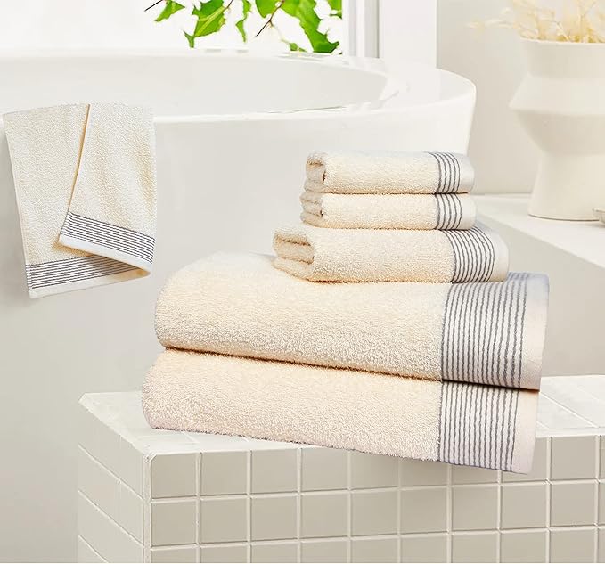 Belizzi Home 100% Cotton Ultra Soft 6 Pack Towel Set, Contains 2 Bath Towels 28x55 inchs, 2 Hand Towels 16x24 inchs & 2 Washcloths 12x12 inchs, Compact Lightweight & Highly Absorbant - Ivory