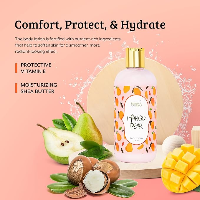 Home Spa Gift 10oz Deep Moisturizing Fragrance Body Lotion & 8 oz. Fine Fragrance Body Mist Set Luxury Self-Care Combo for Women and Girls (Mango Pear)