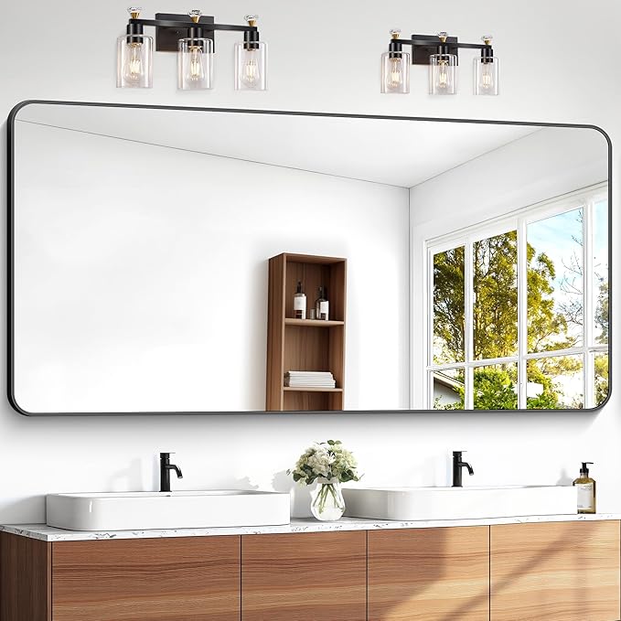 BONEWEI 72x36 inch Large Bathroom Mirror,Black Rectangle Mirror,Wall Mounted Bathroom Frame Vanity Mirror with Round Corner for Bedroom Living Room,Entryway Hangs Horizontal or Vertical
