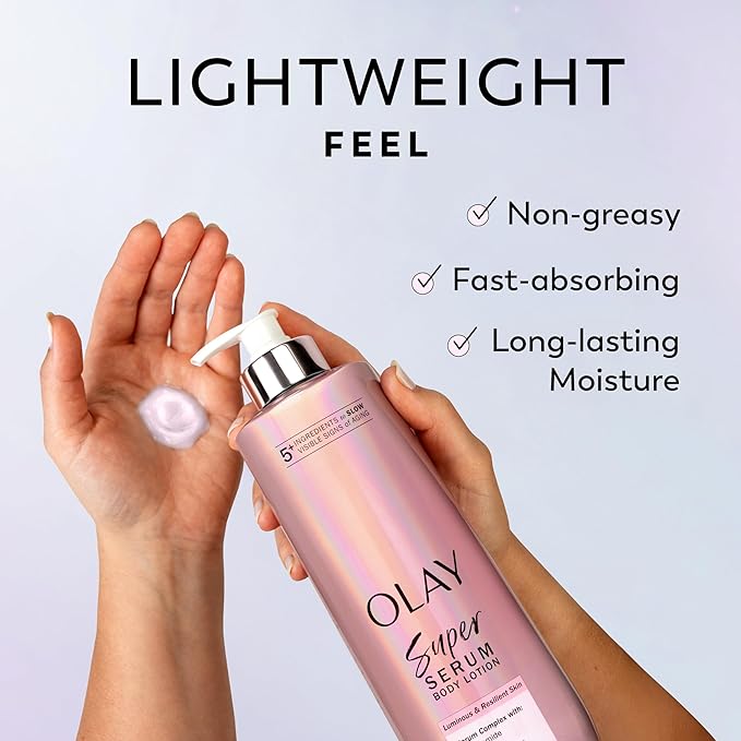Olay Super Serum Hand & Body Lotion for Dry Skin, 24hr Long Lasting Hydration, 5+ Ingredient Serum Complex for Bright Even Firm Luminous Skin, Sweet Vanilla & Soft Wood Scent, 18.5 fl oz