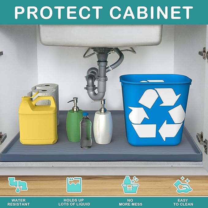 URMONA Waterproof Silicone Under Sink Mat 22'' x 14'' Shelf Liner for Kitchen and Bathroom, Cabinet and Counter Protector, Storage and Organizers, Litter Mat, Pet Cat Puppy Essentials(Black)