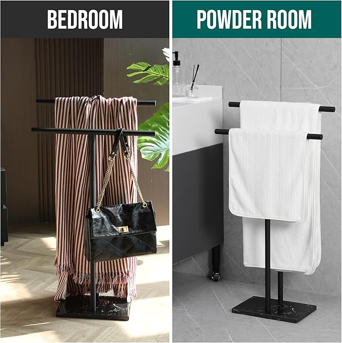Free Standing Towel Rack for Bathroom - Matte Black Finish - Stand Alone 2 Tier Stainless Steel Towel Rack for Bathroom Floor with Heavy Marble Base - Double T Shape Drying Stand for Towels
