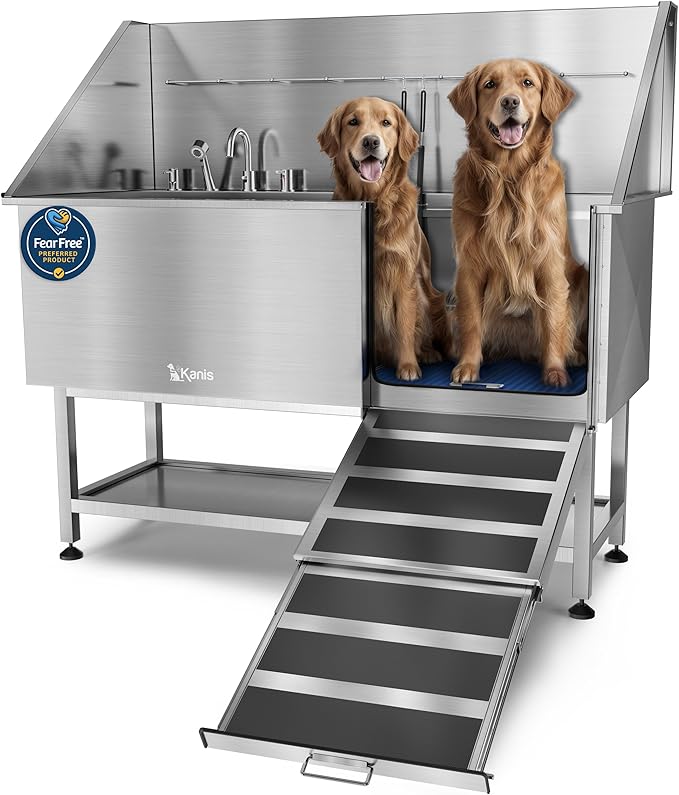 KANIS Professional Dog Washing Station - 304 Stainless Steel Pet Wash Sink & Grooming Bathtub w/Shower, Floor Grates and Storage for Large, Medium & Small Pets (61", Shelf - Right Ramp)