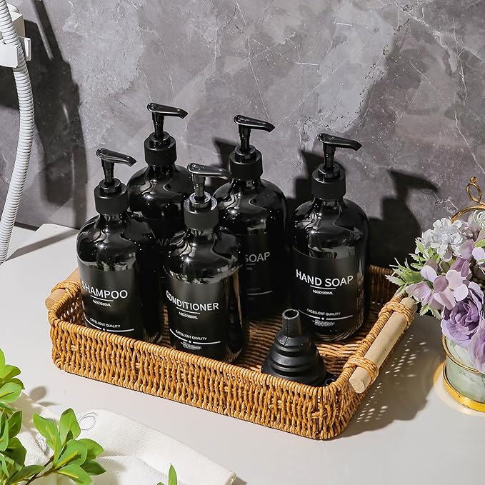 (5Pack) Black Shower Bottles Refillable with Labels, 16.9oz Reusable Shampoo and Conditioner Bottles,Shampoo Dispenser Bottles