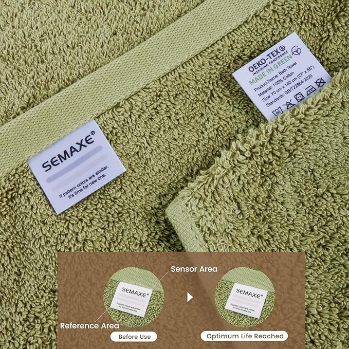 SEMAXE Green Bathroom Towel, 100% Cotton Bath Towel with Hanging Loop and Smart Tag, Hotel & Spa Quality Soft Absorbent Towel, Gift Box Packaging, 1 Pc Bath Towel, 55" L x 27" W