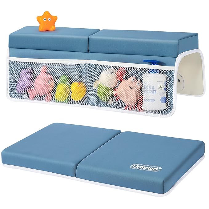 URMYWO Bath Kneeler and Elbow Rest Pad Set - 1.5" Thick Baby Bath Kneeler Pads with Toys Organizer, Anti-Slip Cozy Knee & Arm Support Bathtub Mat, Quick Dry Kneeling Pad for Baby Bath Time