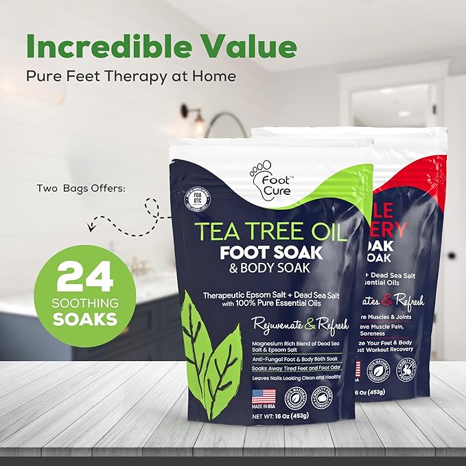 FOOT CURE Tea Tree Oil & Muscle Foot Soak with Epsom Salts - All-Natural Salts for Post-Workout Recovery - Softens Calluses, Soothes Sore & Tired Feet, Foot Odor Control, Spa Pedicure (Pack of 2)
