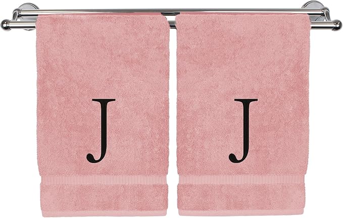 Monogrammed Hand Towel, Personalized Initial Gift, Extra Absorbent 100% Turkish Cotton - Soft Terry Finish - Set of 2 - Black Block Initial J - Embroidered on Pink Towels