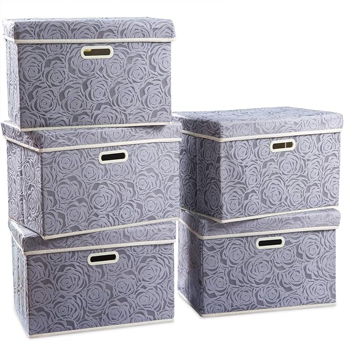 PRANDOM Large Storage Boxes with Lids [5-Pack] Fabric Decorative Storage Bins Cubes Organizer Containers Baskets with Handles for Closet Grey 17.5x11.8x11.8 In For 6+ Year Old Boys and Girls