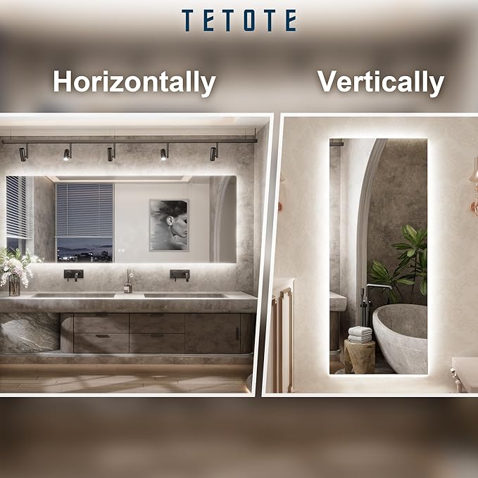 TETOTE 40 x 28 Inch LED Mirror Backlit Bathroom,Anti-Fog Mirror with Light,Dimmable,CRI90+,IP54 Water Proof,Wall Mounted Vanity Lighted,Horizontal/Vertical