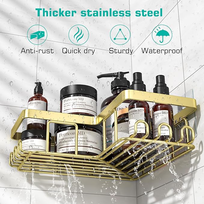 YASONIC Corner Shower Caddy, 3-Pack Adhesive Bathroom Caddy with Soap Holder and 12 Hooks, Rustproof Stainless Steel Shower Organizer, No Drilling Wall Mounted Shower Rack, for Bathroom, Gold
