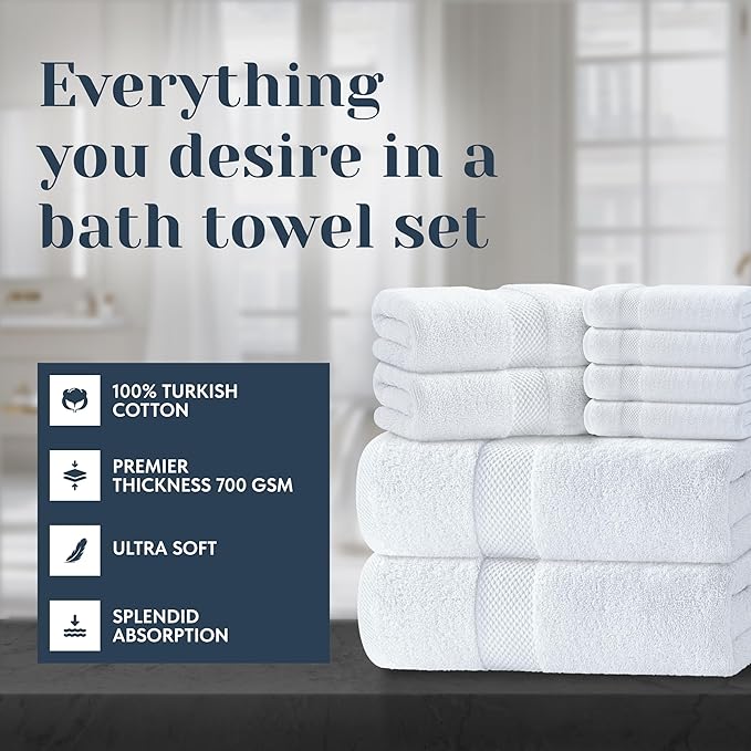 Luxury White Bath Towel Set of 8 Pieces - 100% Turkish Cotton 700 GSM Highly Absorbent Towels for Bathroom, 2 Bath Towels, 2 Hand Towels, 4 Washcloths