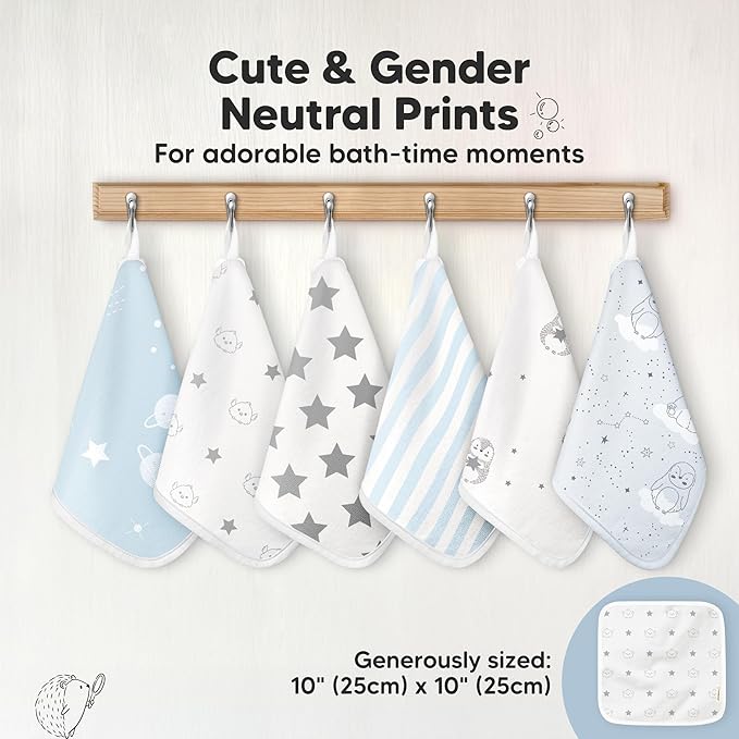 6-Pack Cotton Baby Washcloths for Newborn - Organic Cotton Muslin Soft Wash Cloths for Babies,Infant,Kids,Toddler Towels for Boy,Girl,Super Absorbent Face Cloths,Scratch-free Baby Rags (Constellation)