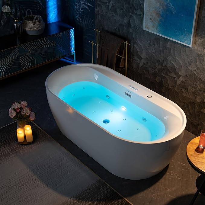 WOODBRIDGE 72" x 35-3/8" Whirlpool and Air Bath Heated Soaking Combination Tub with Adjustable Speed Air Blower and Display Control Panel, White,BJ-500