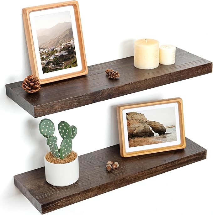 Floating Shelves for Wall Decor, 8 Inch Deep Rustic Solid Elm Wood Floating Shelves Wall Mounted, Wall Shelves with Invisible Bracket for Living Room Bathroom Bedroom Kitchen, 24 Inch Set of 2, Walnut