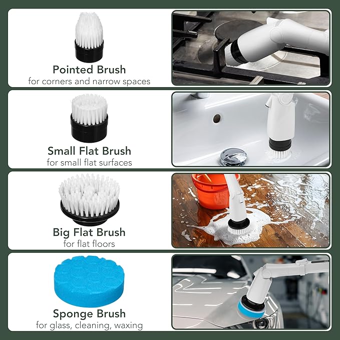 Electric Power Spin Scrubber - Cordless Cleaning Brush with 7 Replaceable Brush Heads - 3 Speed with Flashlight - Adjustable and Extendable for Cleaning Tile Grout Bathtub Window Kitchen Floor