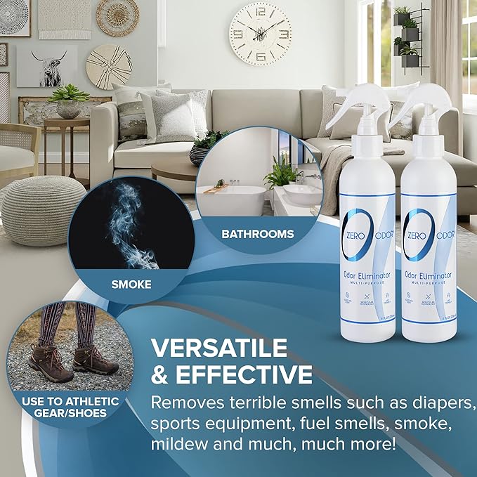 Zero Odor - Multi-Purpose Strong Odor Eliminator for Home, Office, Car, Bathroom, Hotel, Room Deodorizer, and Odor Neutralizer, 8oz Two Pack