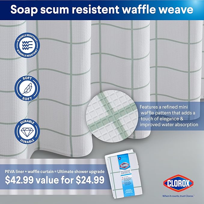 CLOROX Bathroom Waffle Windowpane Pattern Shower Curtain with Waterproof Lightweight PEVA Liner Set, Standard Size, Metal Grommets, No Hooks 72" x 72" - 2 Pc Set - Sage Green w Frosty PEVA