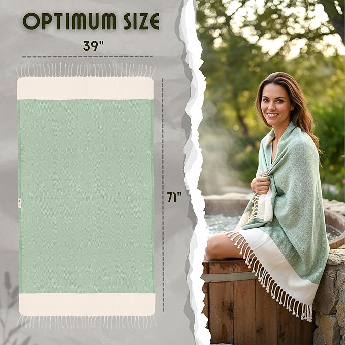 Bazaar Anatolia Turkish Beach Towel 100% Cotton Bath Towels 71x39 Quick Dry Sand Free Lightweight Large Oversized Herringbone Green