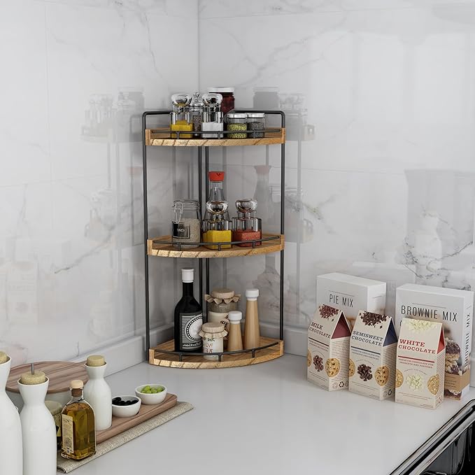 Dorhors 3-Tier Corner Bathroom Organizer Countertop for Storage,Vanity Tray,Wood Counter Organizer for Kitchen,Bathroom,Dresser (Rustic Brown)