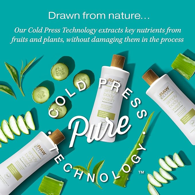 RAW SUGAR Sensitive Skin Simply Body Wash - Green Tea + Cucumber + Aloe Vera, Moisturizing & Brightening Bath & Shower Gel, Sulfate-Free, Paraben-Free & Vegan (Pack of 3)