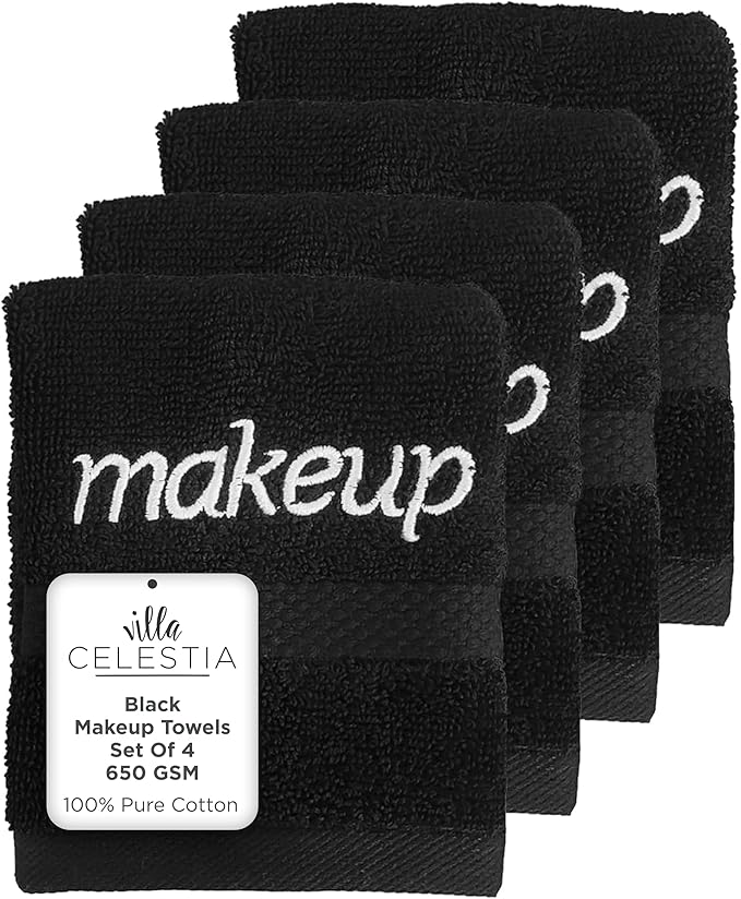 Black Makeup Remover Towels Set of 4, 100% Soft Cotton Reusable Luxury 4 Pcs Makeup Wipes for Face, Ideal for Salon, Bath, Hotel, Spa, Washcloths for Face Pack of 4 (12"X12")