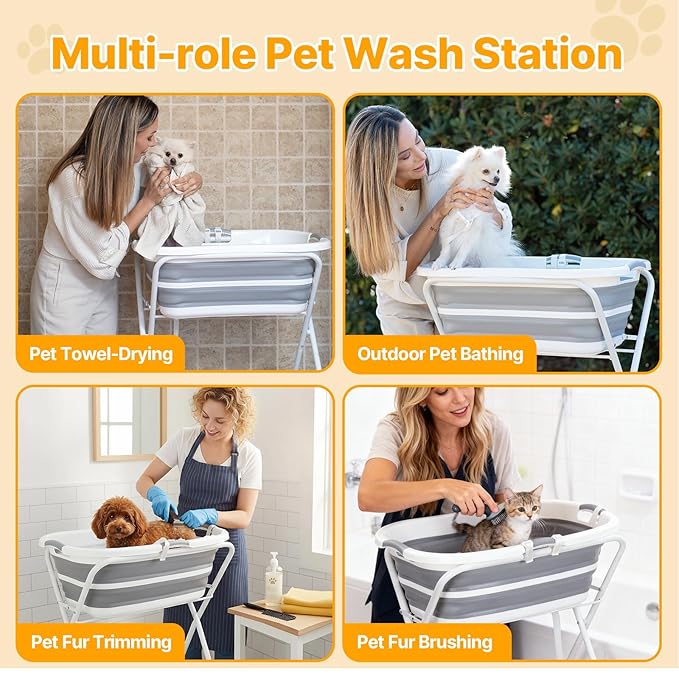 2 in 1 Dog Bath Tub Dog Washing Station with Bath Brush for Bathing and Grooming, Elevated Collapsible Foldable Portable Shower Bathtub for Small Dogs Cats Pet with Scrubber