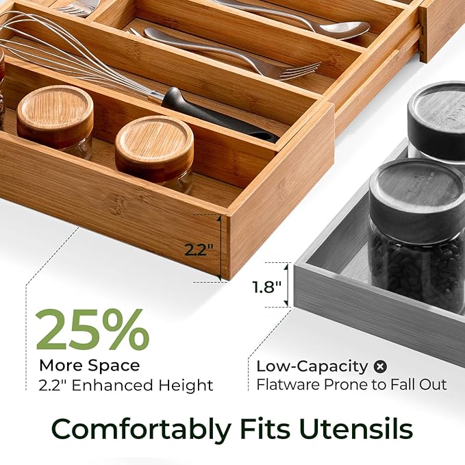 6-Piece Bamboo Drawer Organizer Set, 2.2" Deep Multi-Use Organizers for Utensils, Silverware, Cutlery, Desk, Bathroom, Junk Drawer & Makeup, Non-Slip Feet Included.