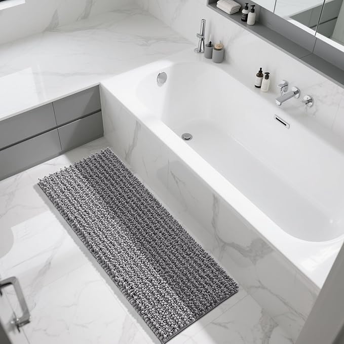 Yimobra Bathroom Runner Rug 55x24 Inch - Extra Long Non Slip Chenille Bath Mat, Soft & Absorbent, Machine Washable Shaggy Hallway Carpet for Vanity Tub Shower, Gray Home Decor Accessories
