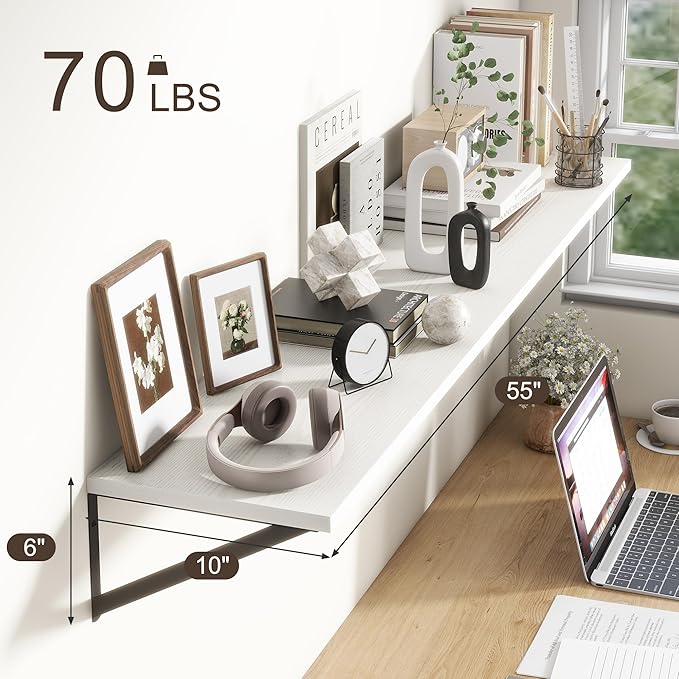 Floating Shelves 55 Inch Long, 10" Deep Floating Shelves, White Wall Shelves 55 x 10, Set of 2, Wide Large Display Storage Shelves for Bathroom, Living Room, Rustic Wood Shelves with Brackets
