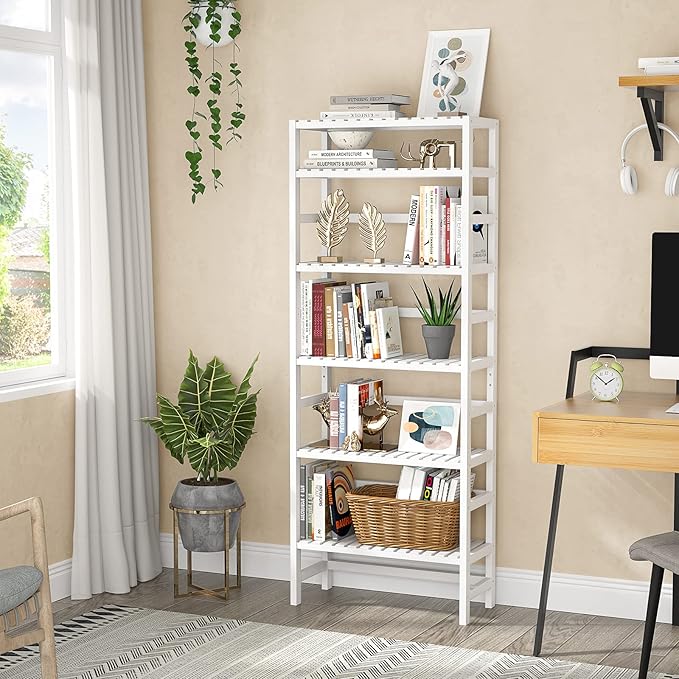 Homykic 6-Tier Bamboo Bookshelves and Bookcases, Adjustable 63.4”Tall Shallow Book Shelf Organizer Rack, Freestanding Storage Shelving Unit for Living Room, Kitchen, Bathroom, Office, White
