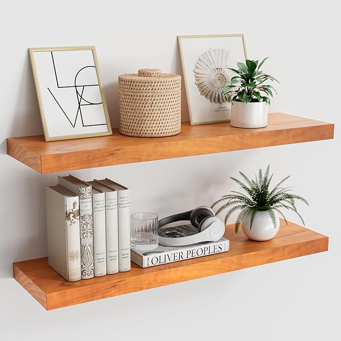 Pine Floating Wall Shelves 24 Inches Long x 8”x 1.4” Wooden Shelf Floating Rustic Farmhouse Decor, Heavy Duty Shelf Hold 60 lbs, Wall Shelves for Bathroom Living Room Kitchen Bedroom Office, Honey Oak