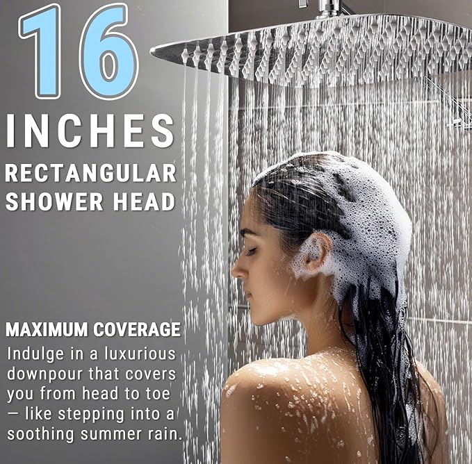 G-Promise All Metal 16 Inch Shower Head with Massage Mode Handheld, Rain Shower Head with Handheld Spray Combo, 3-Way Diverter with Pause Setting, 12 Inch Adjustable Extension Arm (Chrome)