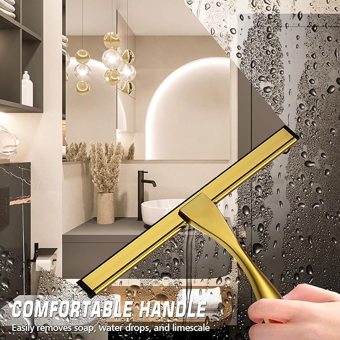 Stainless Steel Shower Squeegee for Glass Door with 3 Adhesive Hook, Glass Cleaning Squeegee for Bathroom & Household Window, Mirrors, Tiles and Car, Clear 10 Inches Golden