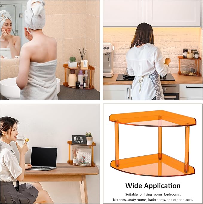2 Tier Acrylic Corner Shelf Organizer Storage 9.5x9.5x8 Inch, Orange Countertop Corner Shelf for Bathroom, Kitchen, Bedroom, Office, Study Room