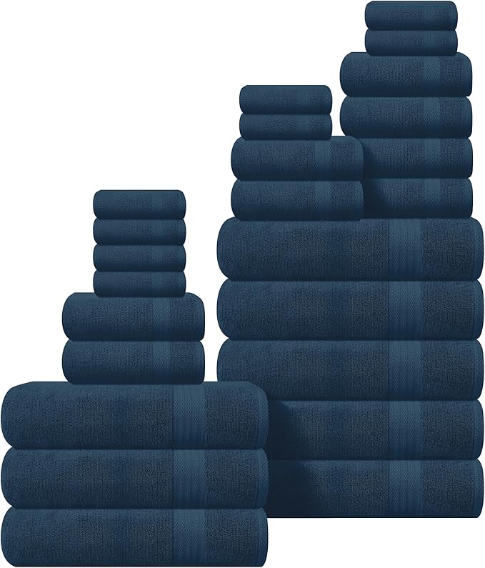 GLAMBURG Ultra Soft 24-Piece Towel Set - 100% Pure Ringspun Cotton, Contains 8 Oversized Bath Towels 27x54, 8 Hand Towels 16x28, 8 Wash Cloths 13x13- Ideal for Everyday use, Hotel & Spa- Mineral Blue