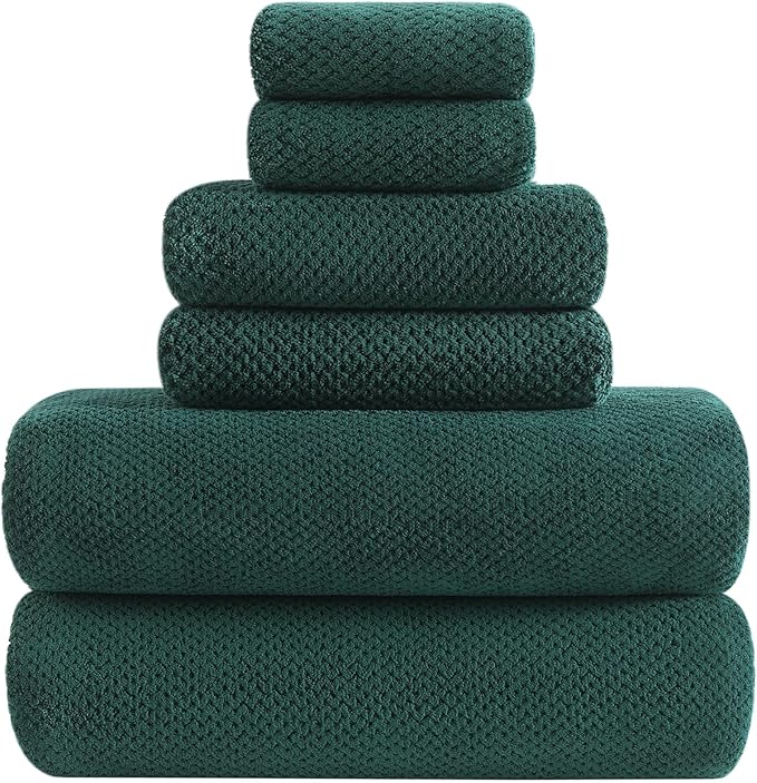 YTYC 29x59 Inch Bath Towels Set of 6 Large, Super Soft Absorbent Lint Free Microfiber Towels for Bathroom 80% Polyester (Dark Green, 6 Piece)