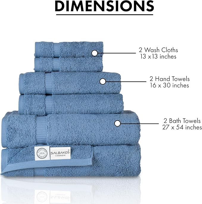 SALBAKOS 100% Turkish Cotton 6-Piece Towel Set | Heirloom Quality Hotel & Spa Collection | Ultra Soft, Super Absorbent 2 Washcloth, 2 Hand, 2 Bath Towel Sets | Made in Turkey (Blue, 6 Piece Towel Set)