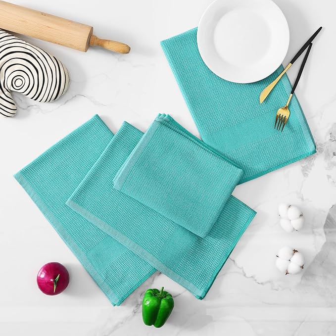 Homaxy Premium Kitchen Towels(18”x 28”, 8 Pack), Large Cotton Kitchen Hand Towels, Flat and Terry Dish Towels, 380 GSM Highly Absorbent Tea Towel Set with Hanging Loop, Teal